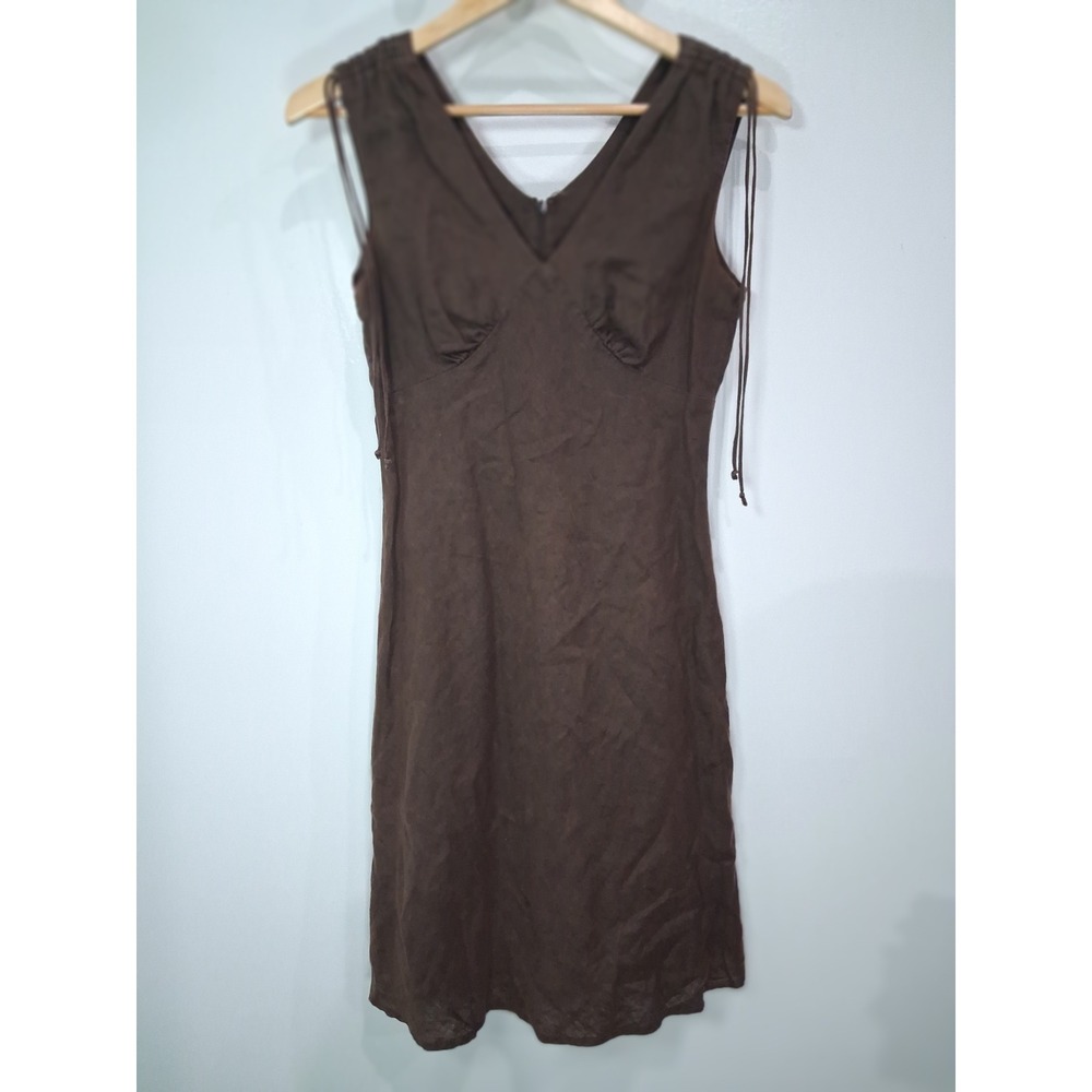 Vintage Gap Brown 100% Linen V-Neck Dress Sz 1 Summer 2003 Sleeveless Minimalist